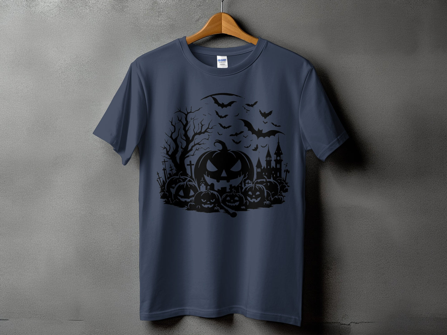Dark blue t-shirt with a black Halloween graphic of pumpkins, bats, and a castle.