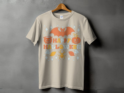 T-shirt with "Happy Halloween" text, bat, pumpkin, cauldron, and spider graphic.