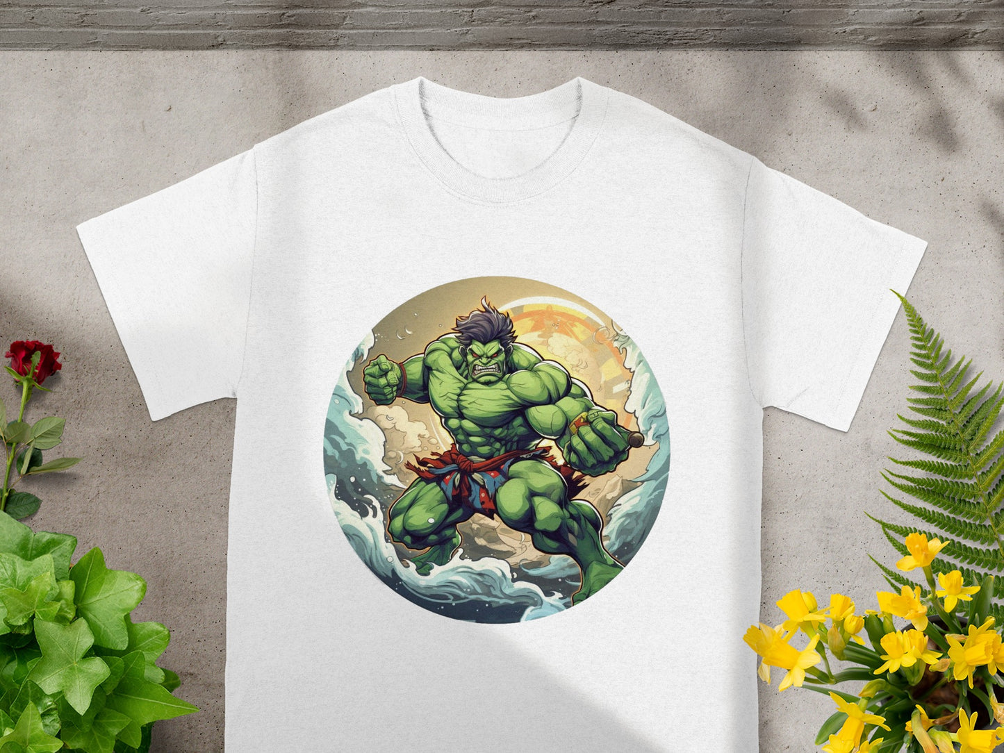 Hulk flexing his muscles in a circular comic art design on a white t-shirt.