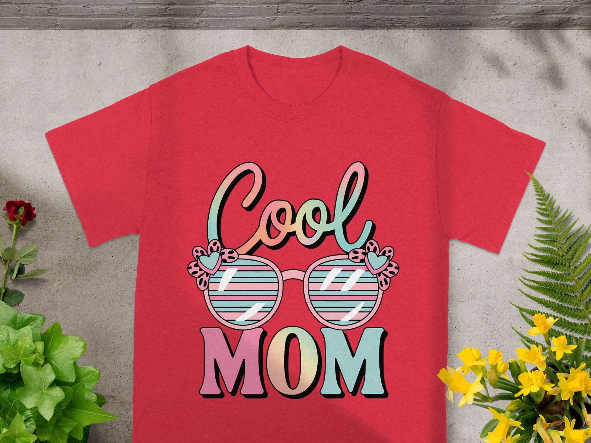 Red t-shirt with "Cool MOM" text and sunglasses graphic.