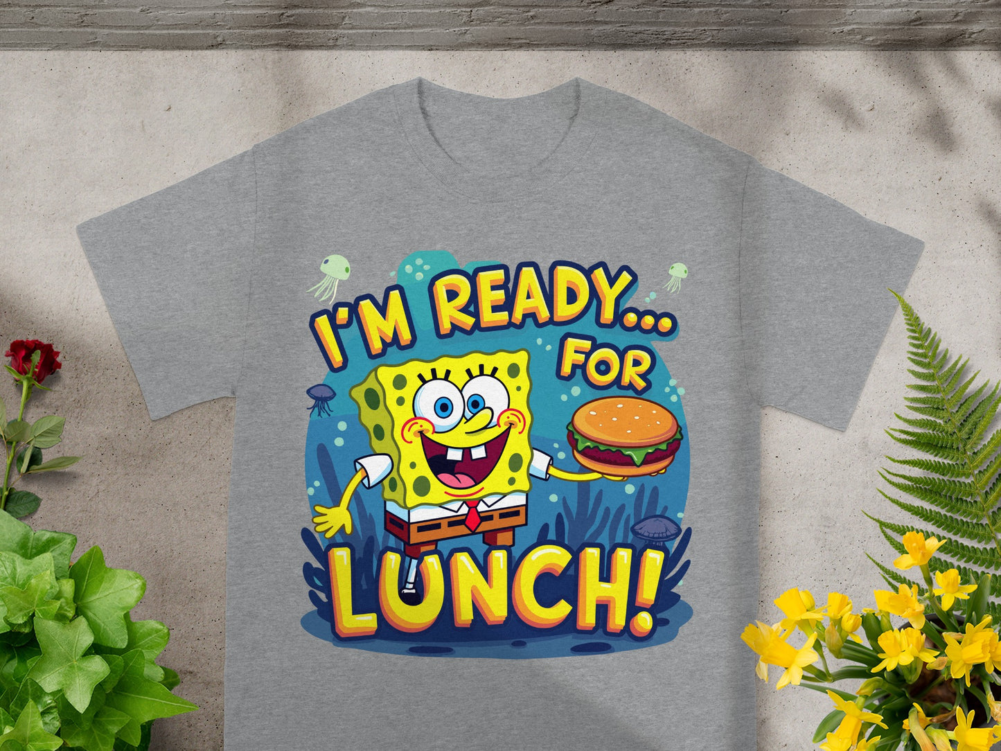 SpongeBob SquarePants holding a burger with text "I'M READY... FOR LUNCH!"
