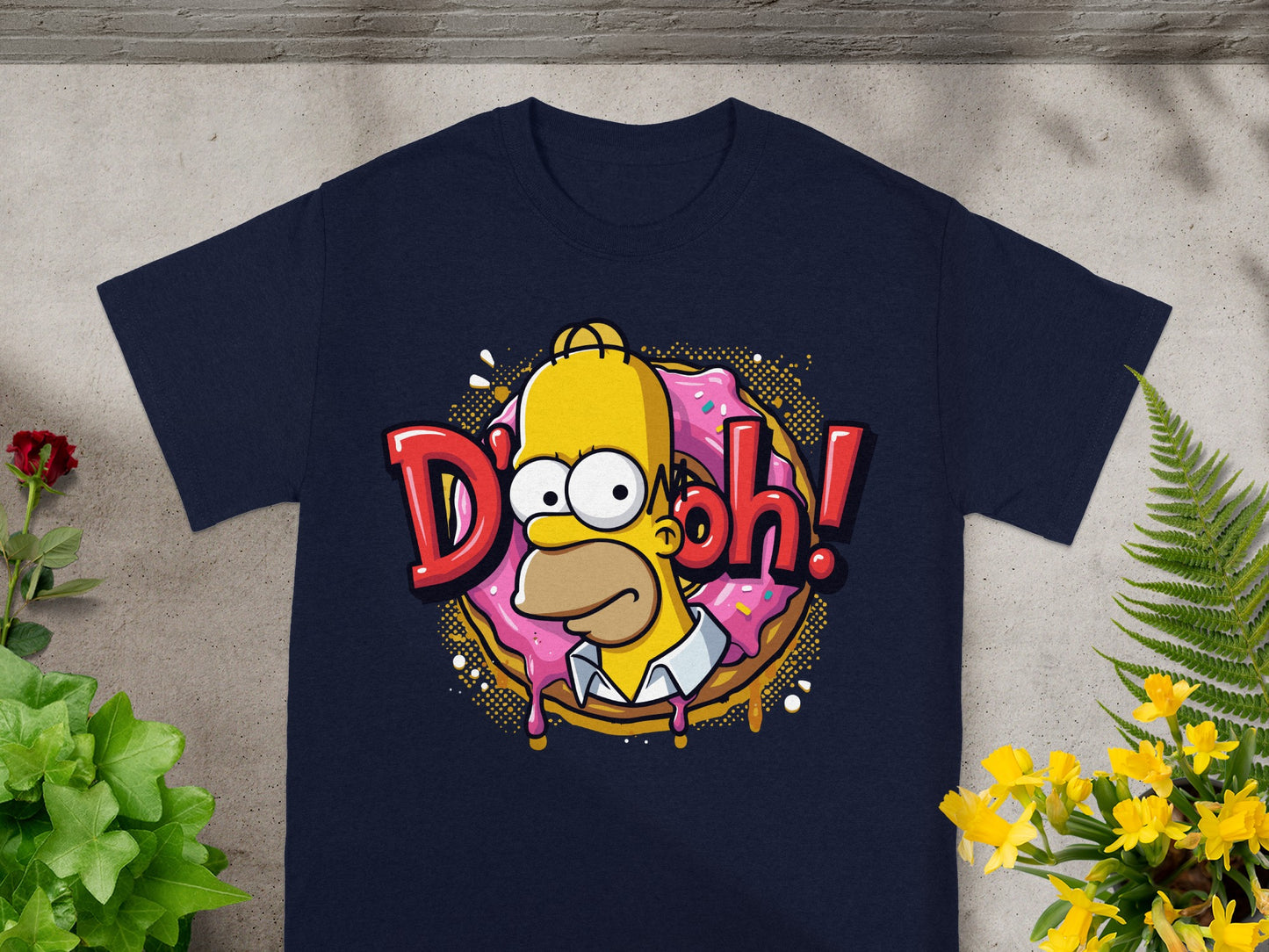 Navy t-shirt featuring Homer Simpson with a donut and the text "D'oh!".