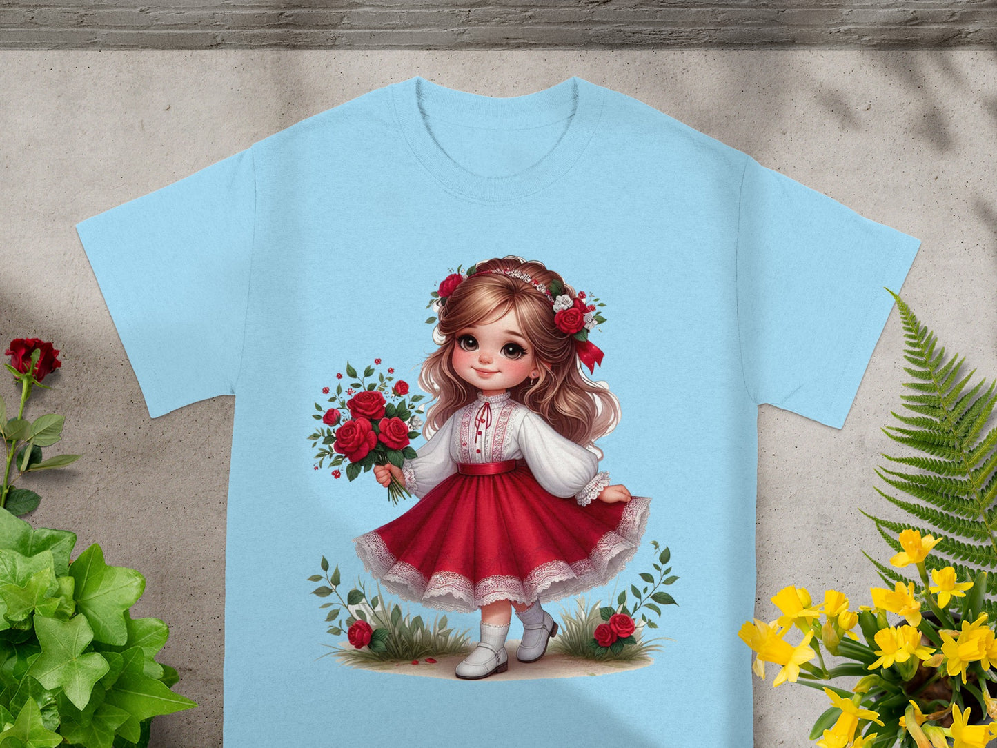Light blue t-shirt with illustration of a girl in a red dress holding roses.
