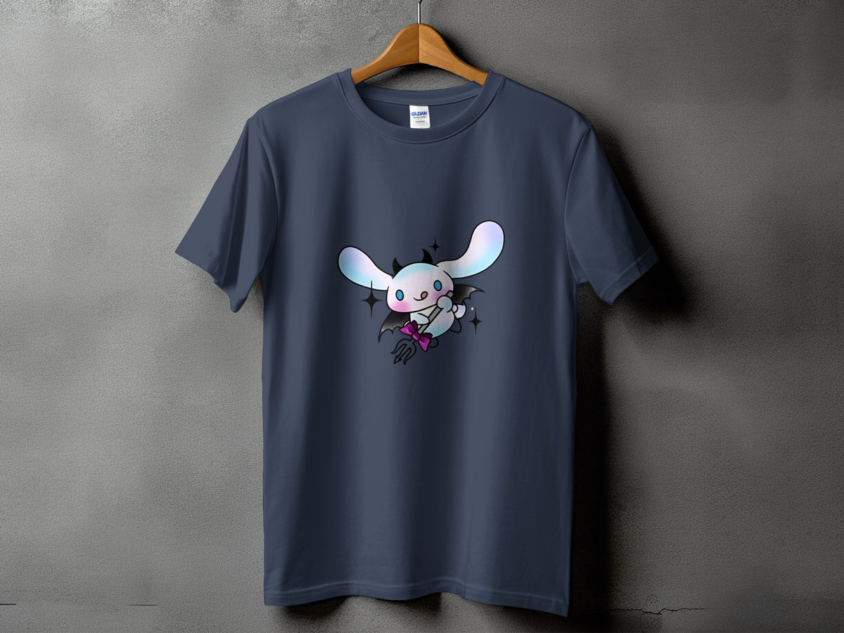 Dark blue t-shirt with a cartoon character graphic of a white bunny with bat wings.