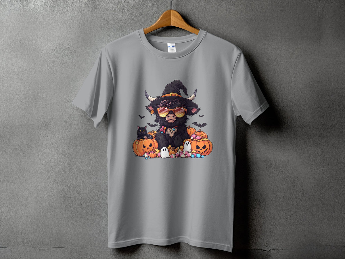 Highland cow in witch hat and sunglasses with pumpkins, ghosts, and cats.