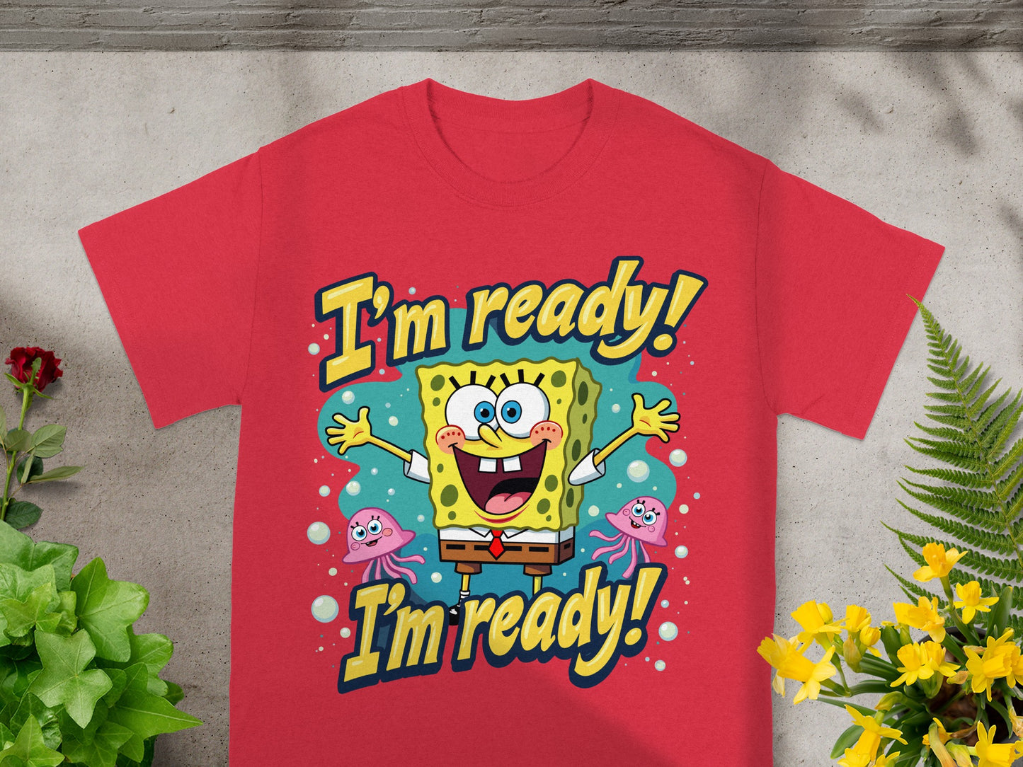 SpongeBob SquarePants shirt with "I'm ready!" text, two jellyfish, and bubbles.