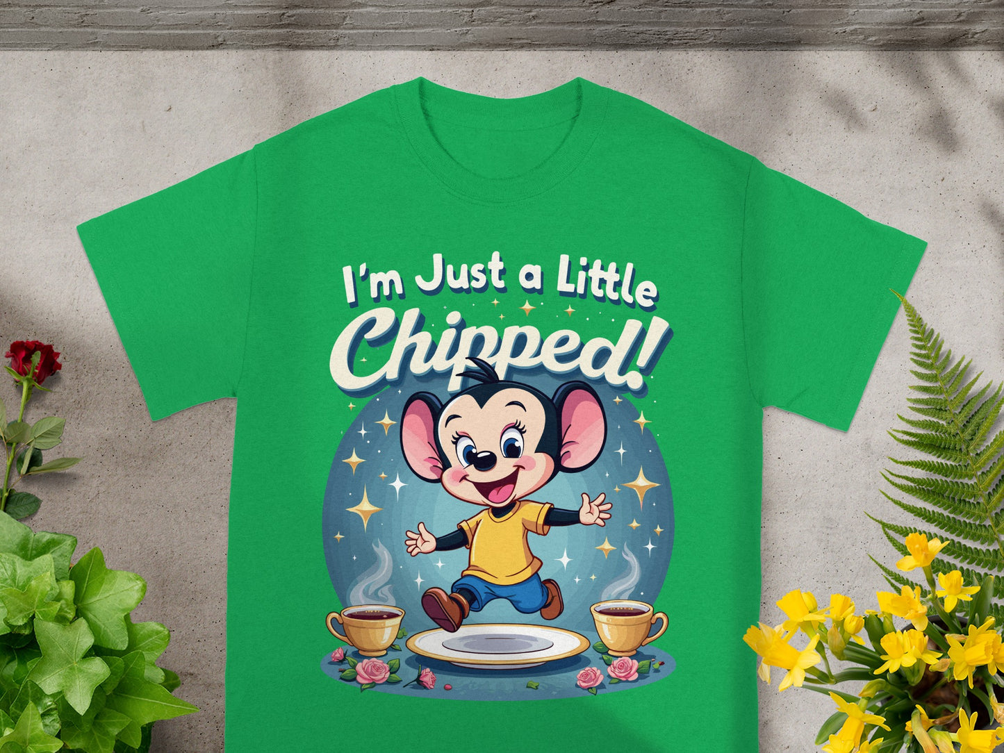 Green t-shirt with cartoon mouse and "I'm Just a Little Chipped!" text.