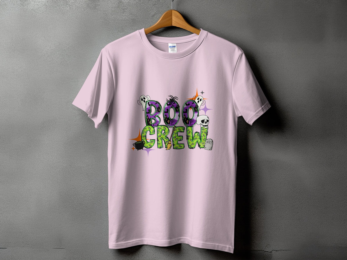 Pink t-shirt with "Boo Crew" text and Halloween graphics.