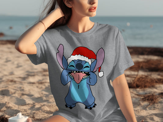 Adorable Stitch Santa Hat Graphic Print Tee Shirt