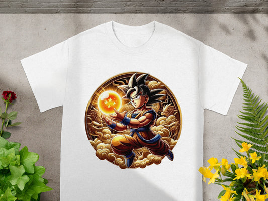 Goku with a glowing energy sphere on a white t-shirt.