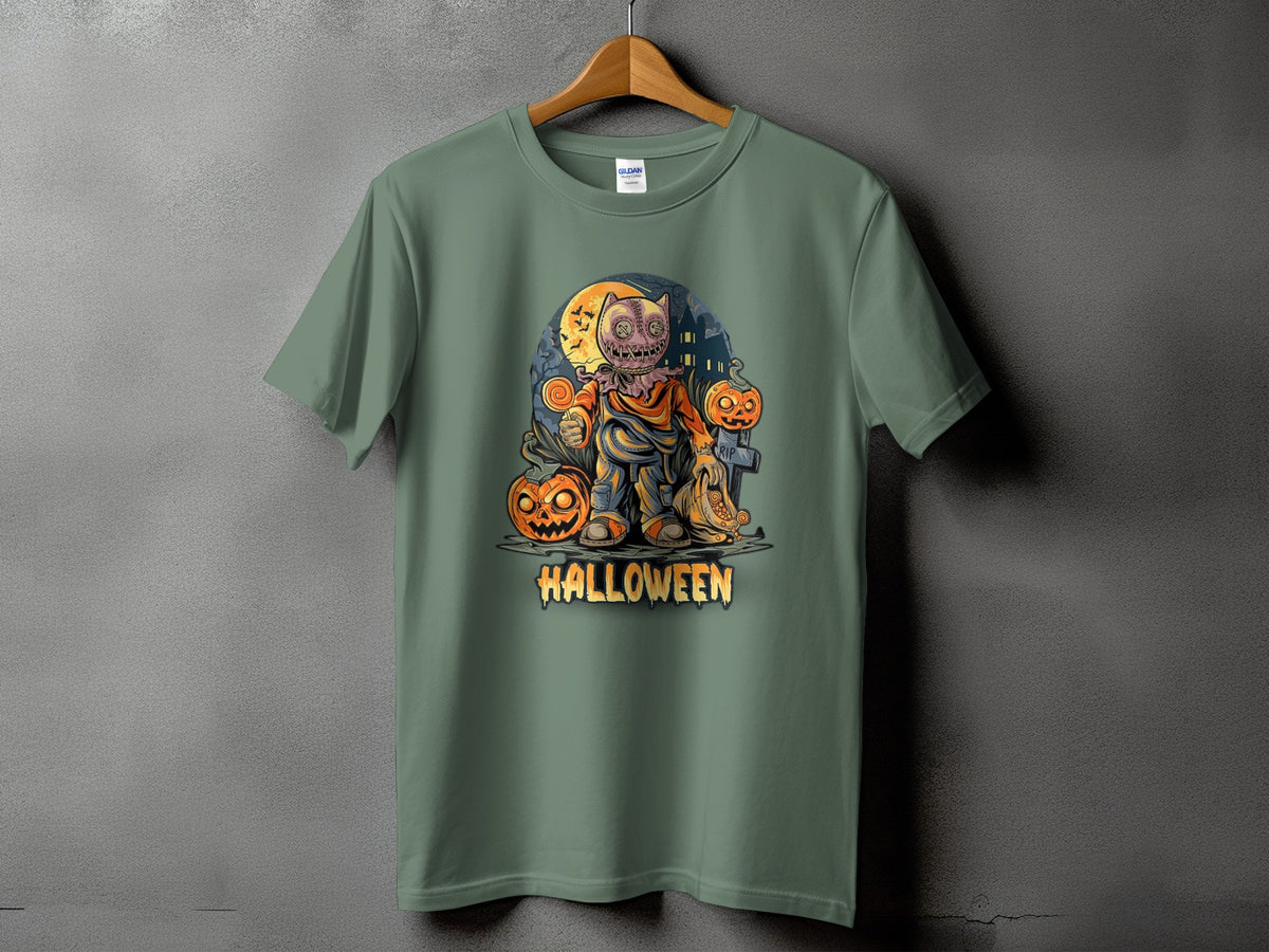 Green t-shirt with a Halloween graphic featuring a scarecrow, pumpkins, and the word "HALLOWEEN".
