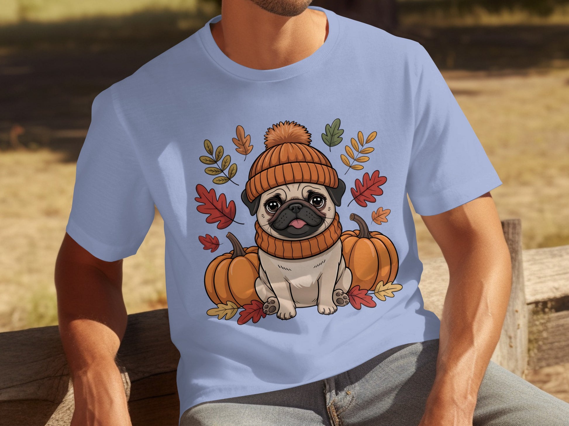 Pug in Autumn Hat with Pumpkins and Leaves T-Shirt