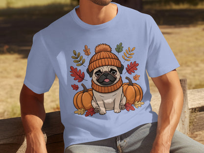 Pug in Autumn Hat with Pumpkins and Leaves T-Shirt