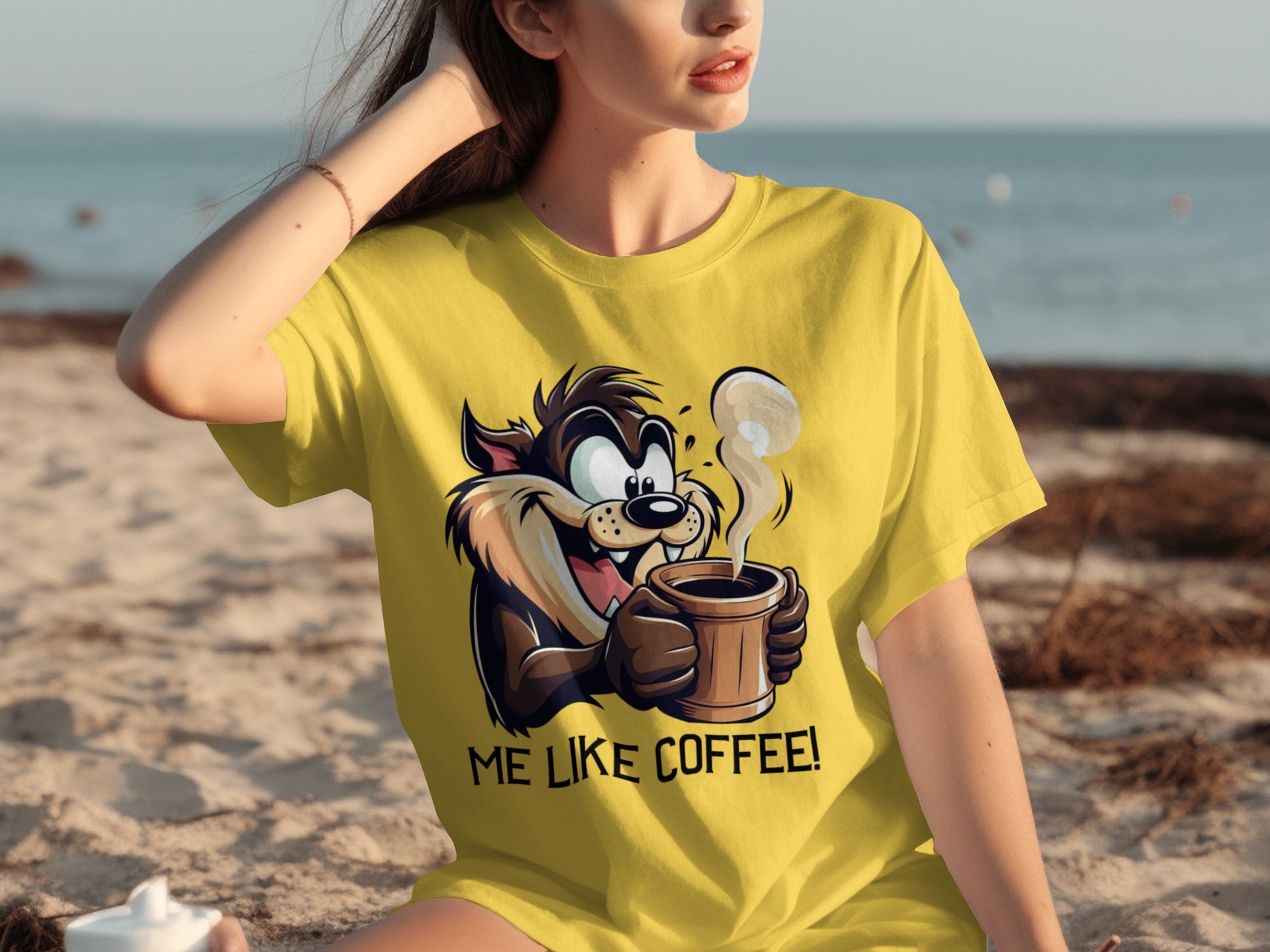 Me Like Coffee Character Wearing Yellow T-Shirt