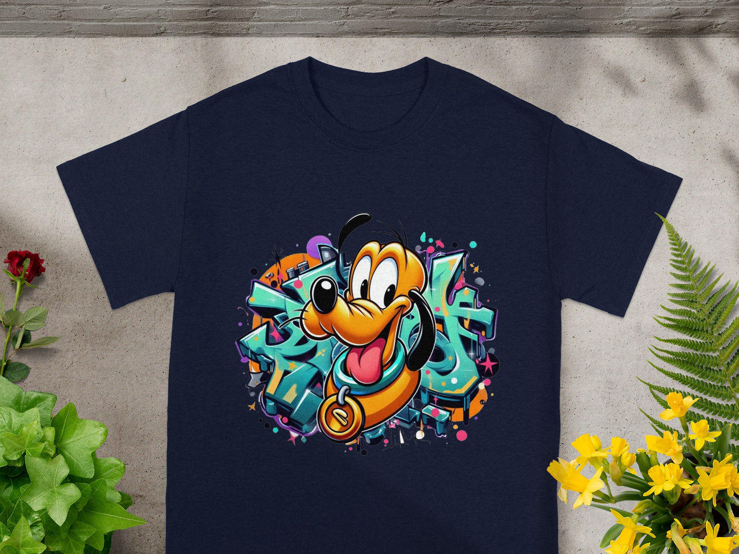 Navy t-shirt featuring cartoon dog Pluto in graffiti art style.