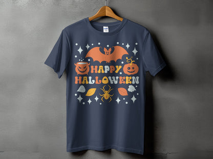 Dark blue t-shirt with retro Happy Halloween design featuring bat, pumpkin, cauldron, spider and leaves.