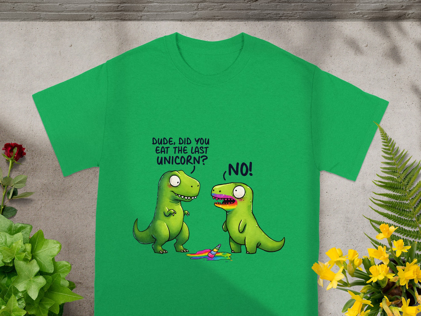 Two green dinosaurs with text asking "Dude, did you eat the last unicorn?"