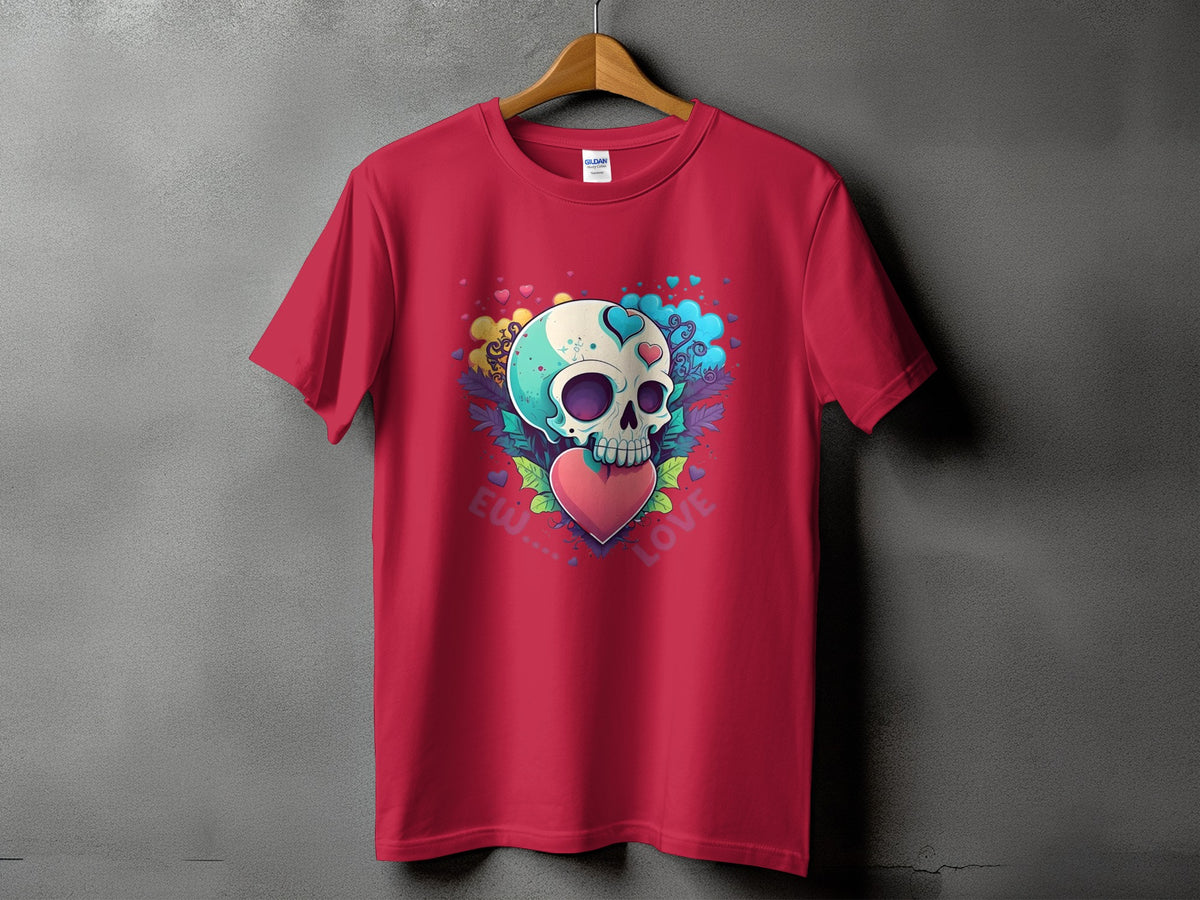 Red t-shirt with skull, heart, and "Ew... Love" graphic design.