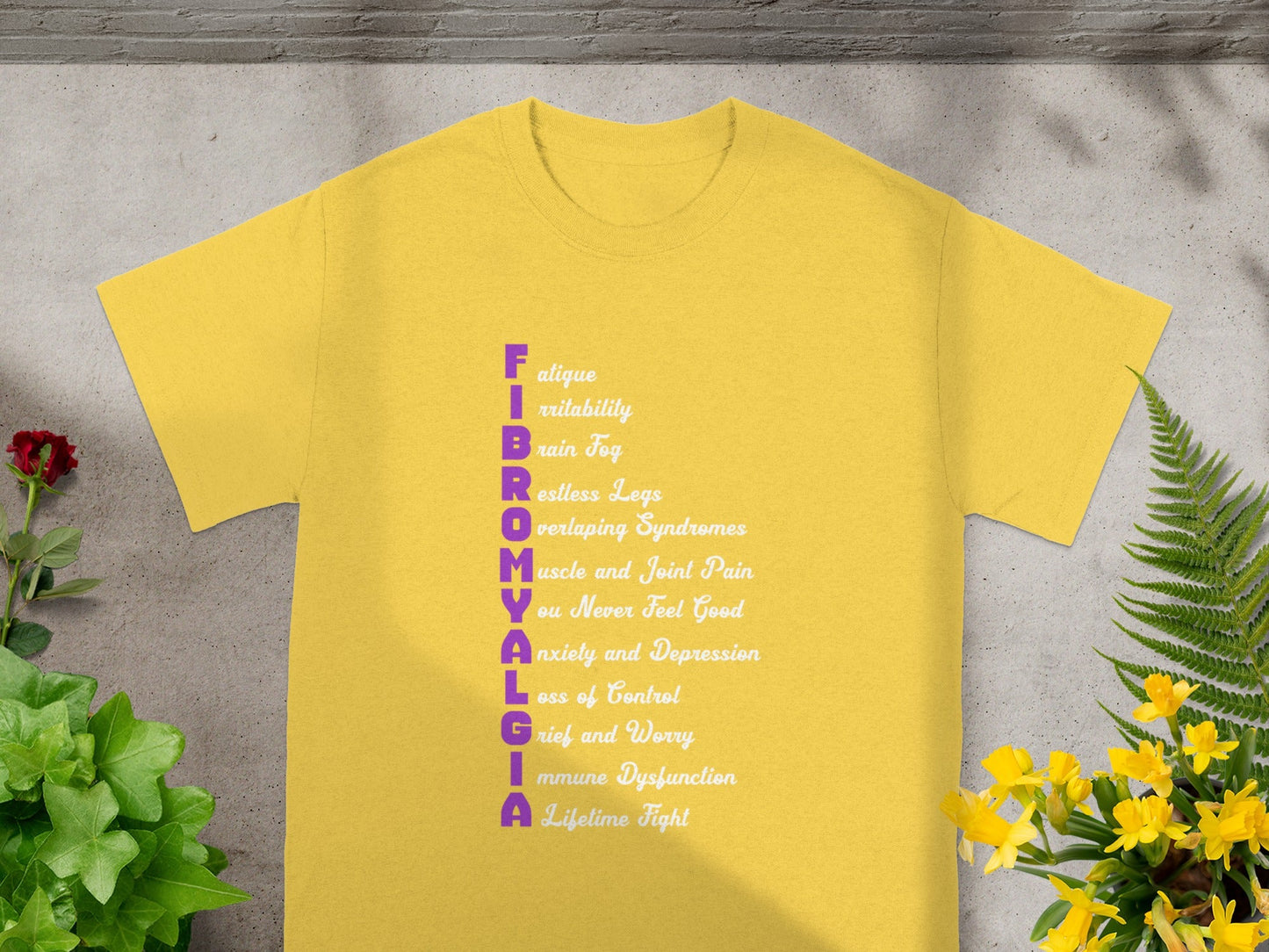 Yellow T-Shirt with Fibromyalgia Awareness Design