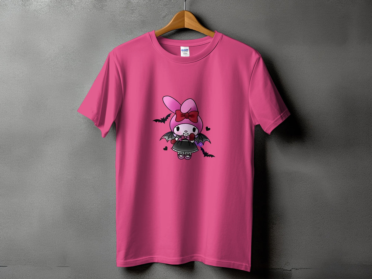 Pink t-shirt with a cartoon bat dressed character with pink bow.