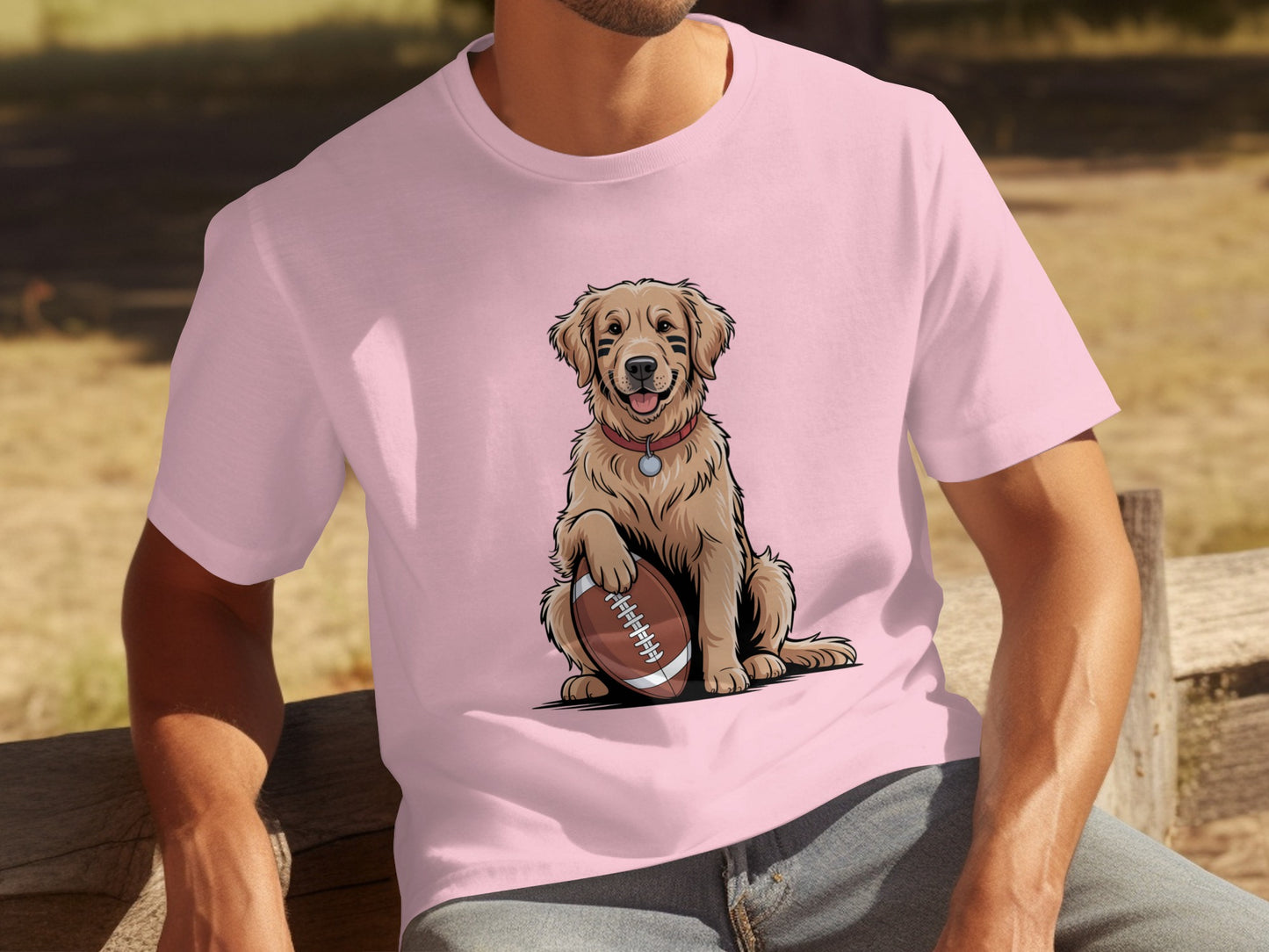 Happy Golden Retriever With Football Pink T-shirt