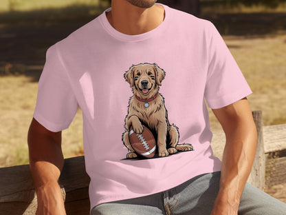 Happy Golden Retriever With Football Pink T-shirt