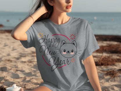Happy New Year Cat Graphic Tee Top Holiday Season