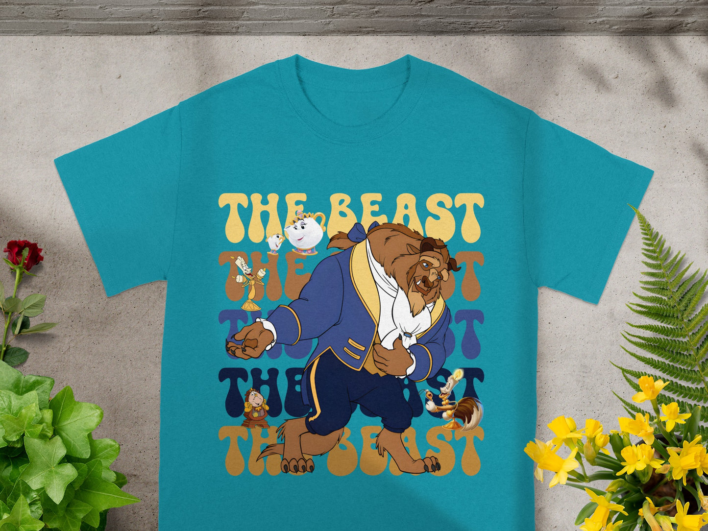 Teal t-shirt with The Beast and Mrs. Potts from Beauty and the Beast.