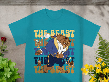 Teal t-shirt with The Beast and Mrs. Potts from Beauty and the Beast.