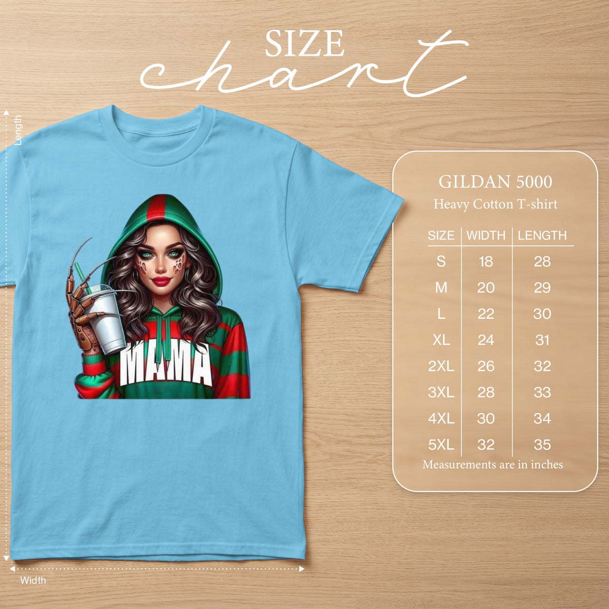 Light blue t-shirt with graphic and Gildan 5000 size chart.