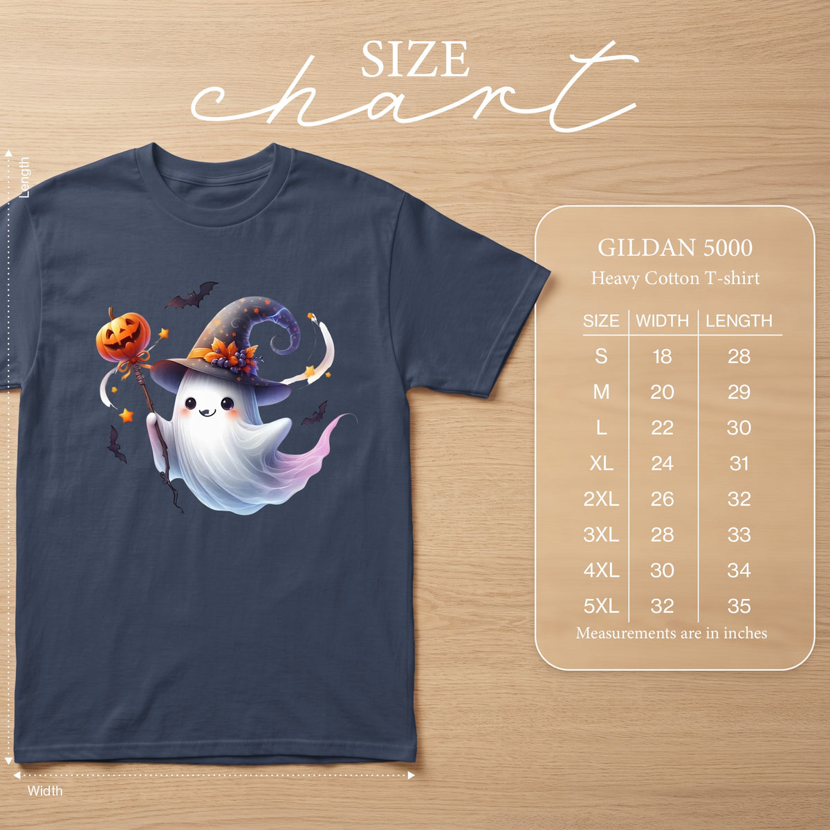 Gildan 5000 Heavy Cotton T-shirt size chart with ghost graphic.