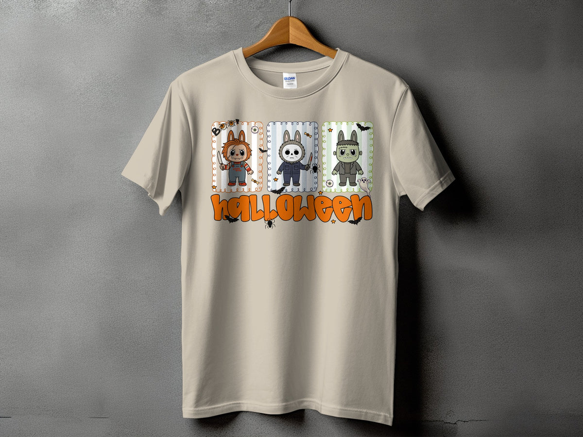 T-shirt with Halloween design featuring Chucky, Michael Myers, and Frankenstein characters.