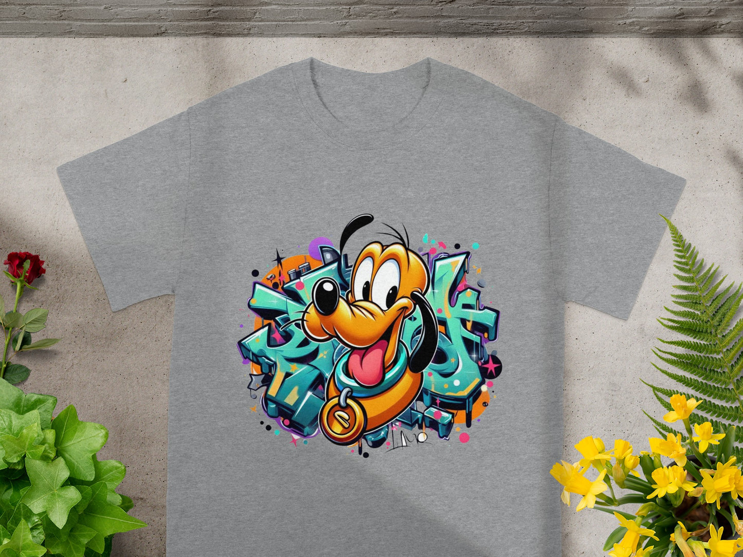Gray t-shirt with a graffiti-style illustration of Pluto.