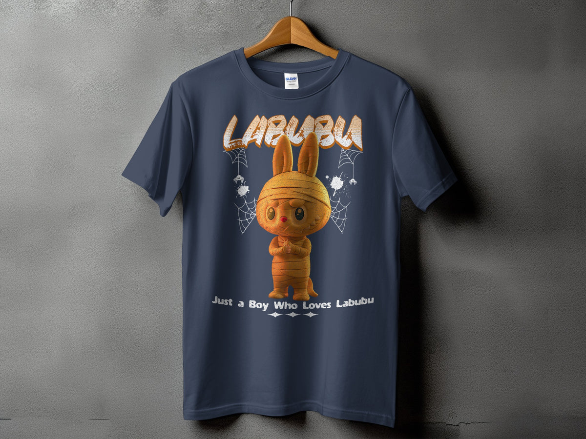 Navy t-shirt with Labubu mummy graphic and "Just a Boy Who Loves Labubu" text.
