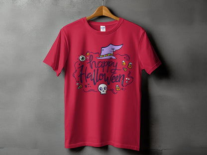 Red t-shirt with "Happy Halloween" text, witch hat, skull, and candy corn design.