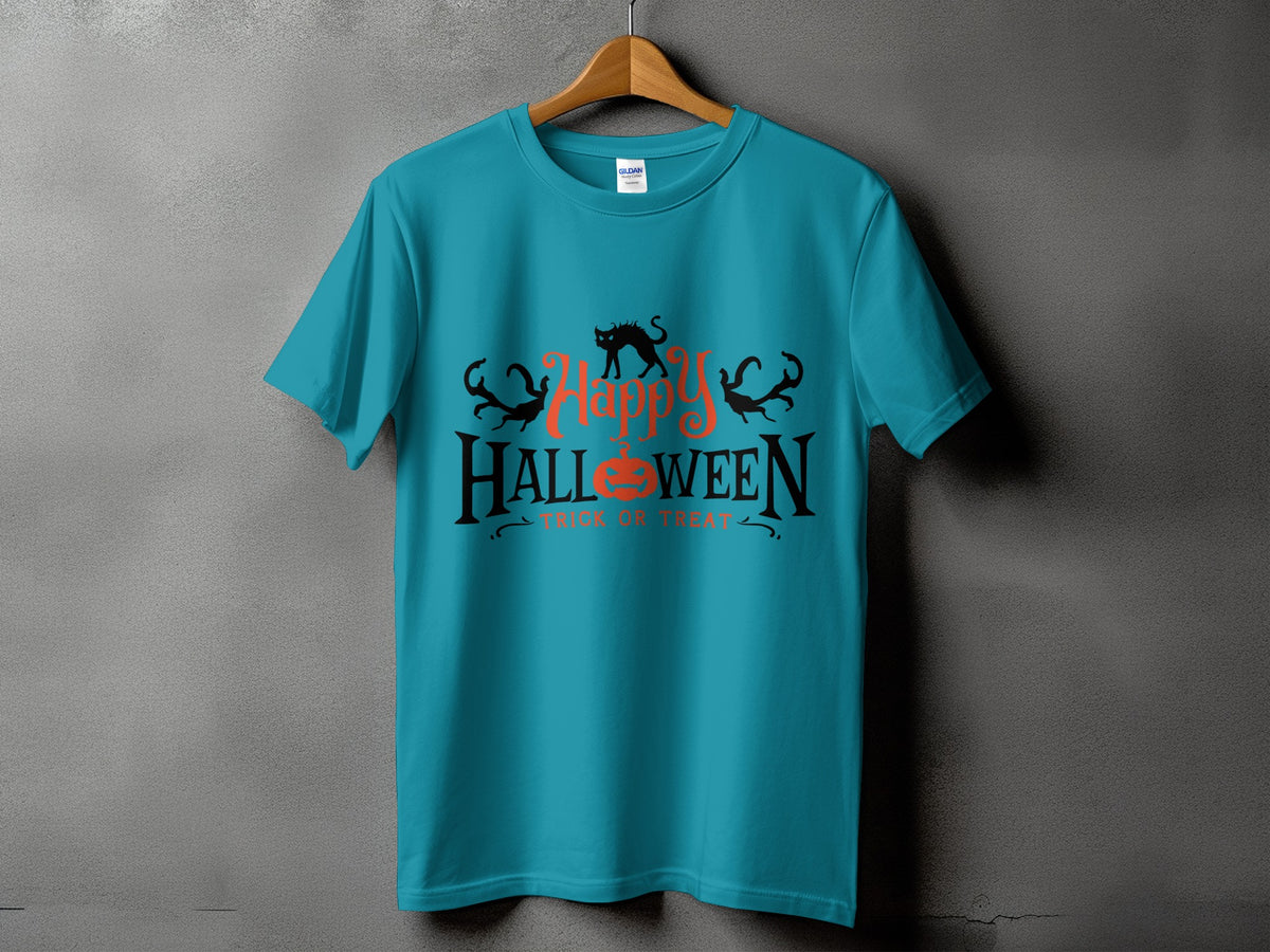 Teal t-shirt with "Happy Halloween Trick or Treat" graphic and black cats.