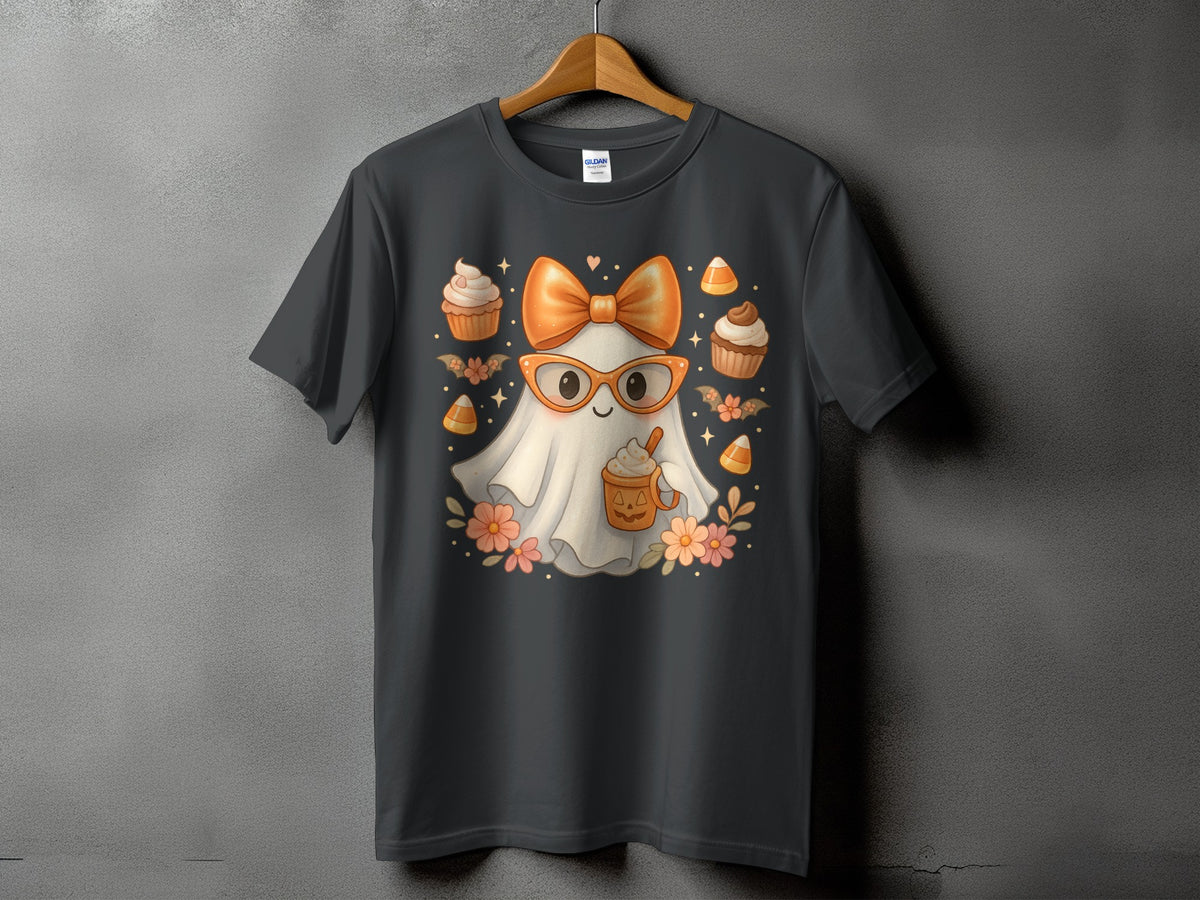 Ghost with orange glasses, bow, and pumpkin spice latte on a t-shirt.