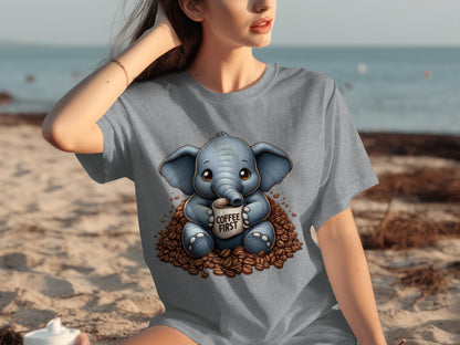 Cute Elephant Coffee First Design T-Shirt