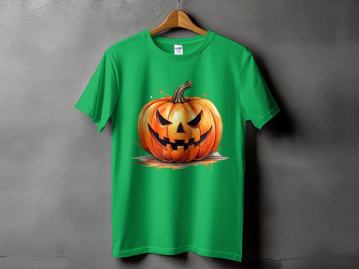 Green t-shirt with a graphic of a carved Halloween pumpkin with a spooky face.