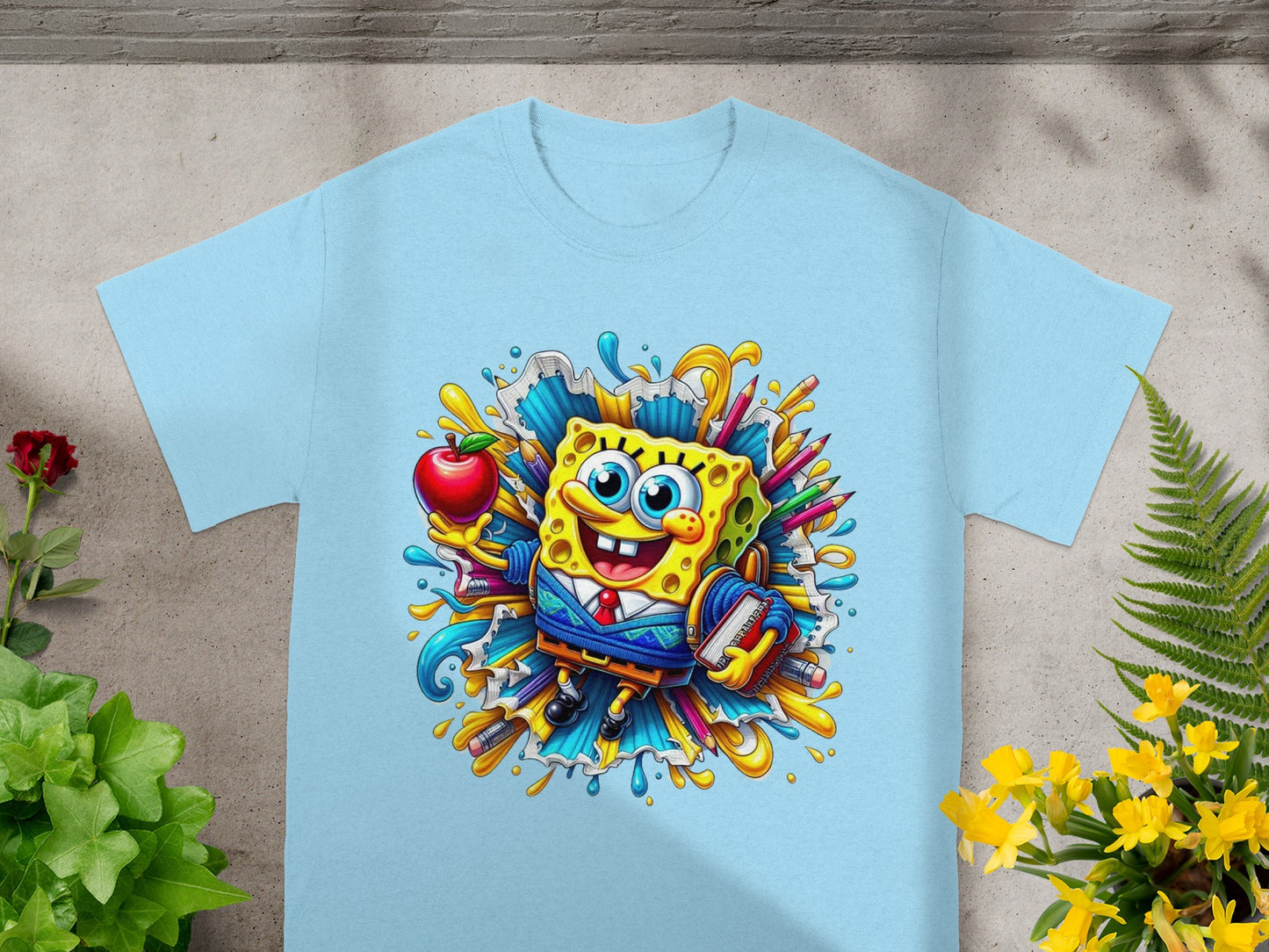SpongeBob SquarePants in a blue suit holding an apple and book, surrounded by art supplies.