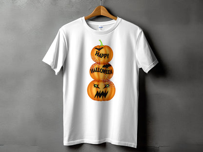 White t-shirt with stacked pumpkins featuring "Happy Halloween" text and bats.