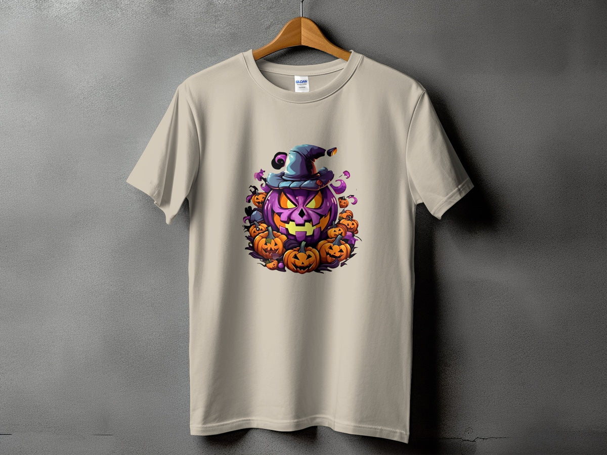 T-shirt with a cartoon purple jack-o'-lantern wearing a witch hat, surrounded by smaller pumpkins.