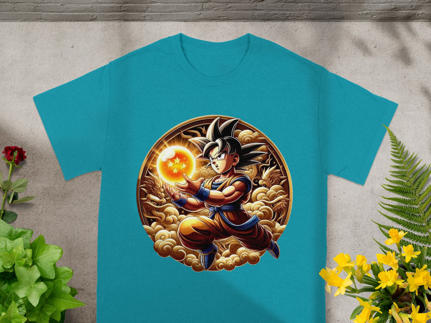 Teal t-shirt with Goku charging energy ball against dragon background.