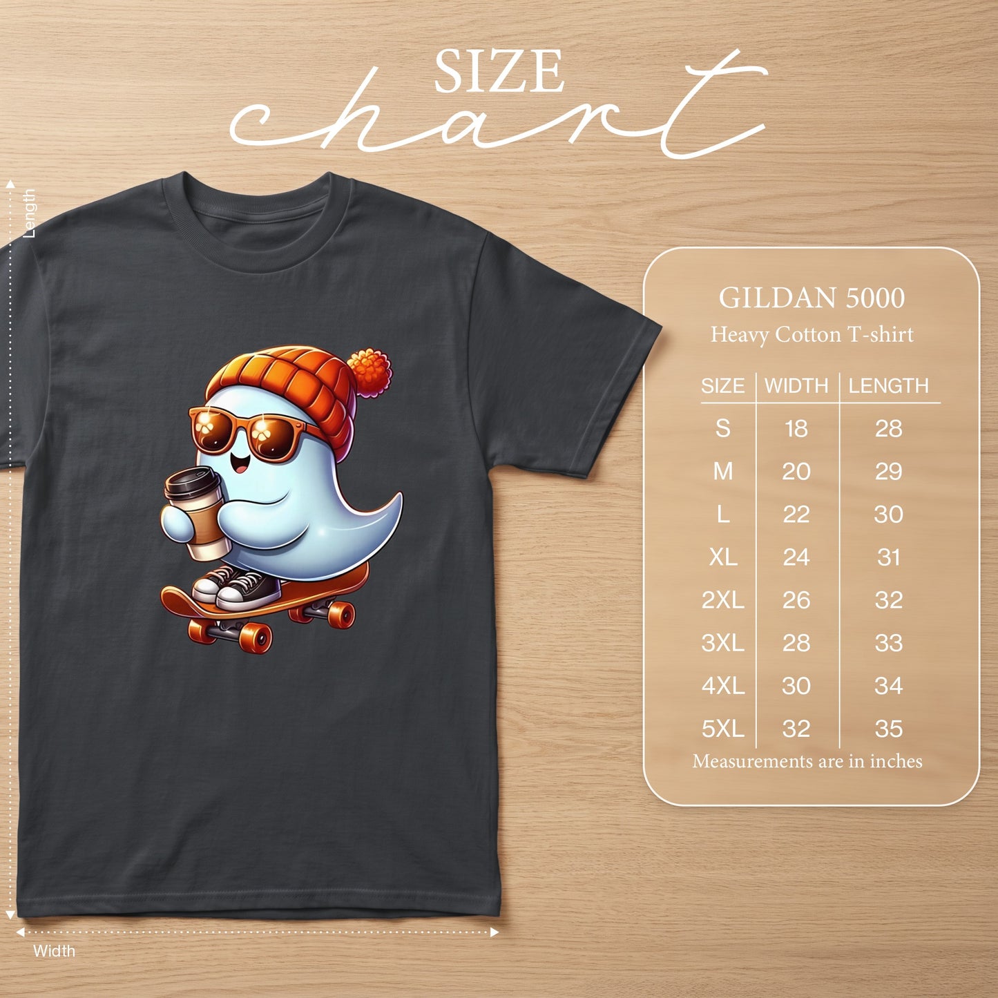 Gildan 5000 size chart with cartoon ghost on skateboard and coffee cup.