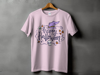 Light pink t-shirt with purple witch hat and "Happy Halloween" text.