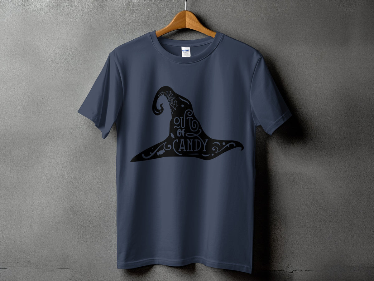 Dark blue t-shirt with a black witch hat graphic and "out of candy" text.