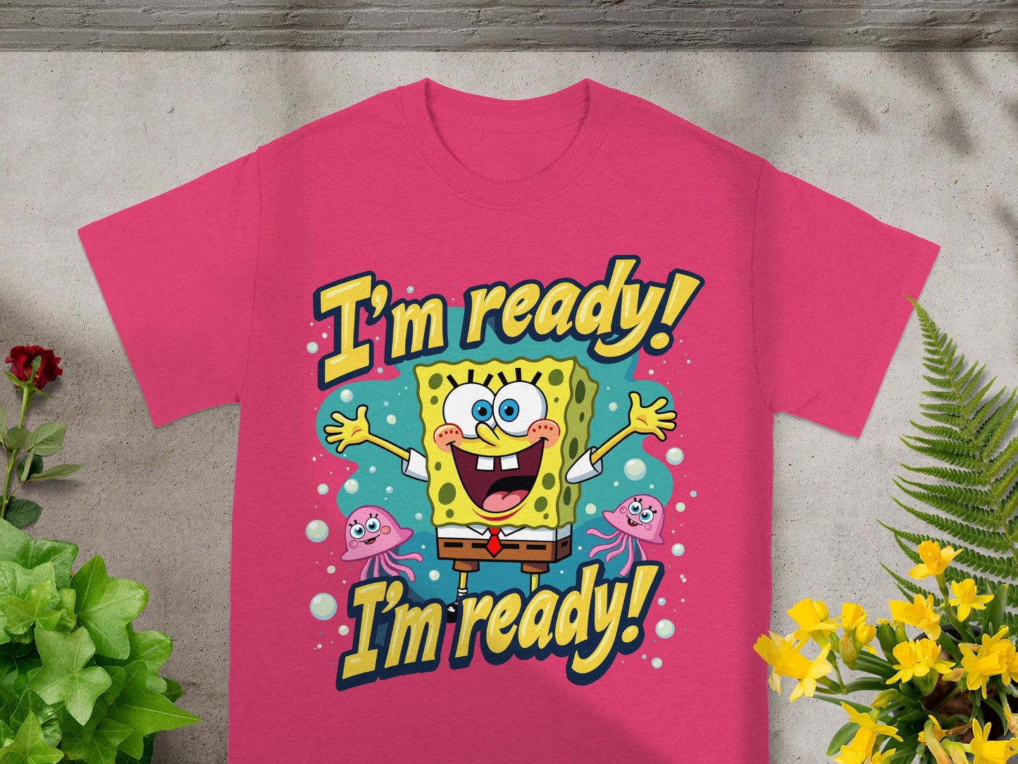 SpongeBob SquarePants on a pink t-shirt with "I'm ready!" text.
