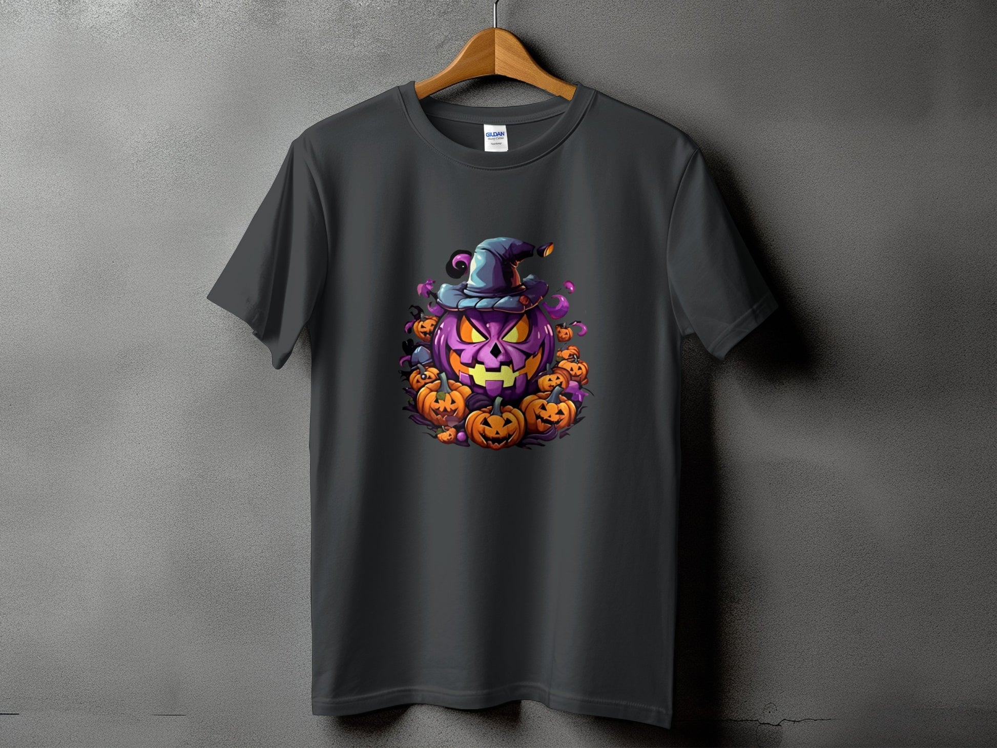Dark gray t-shirt with a Halloween jack-o'-lantern and pumpkins graphic.