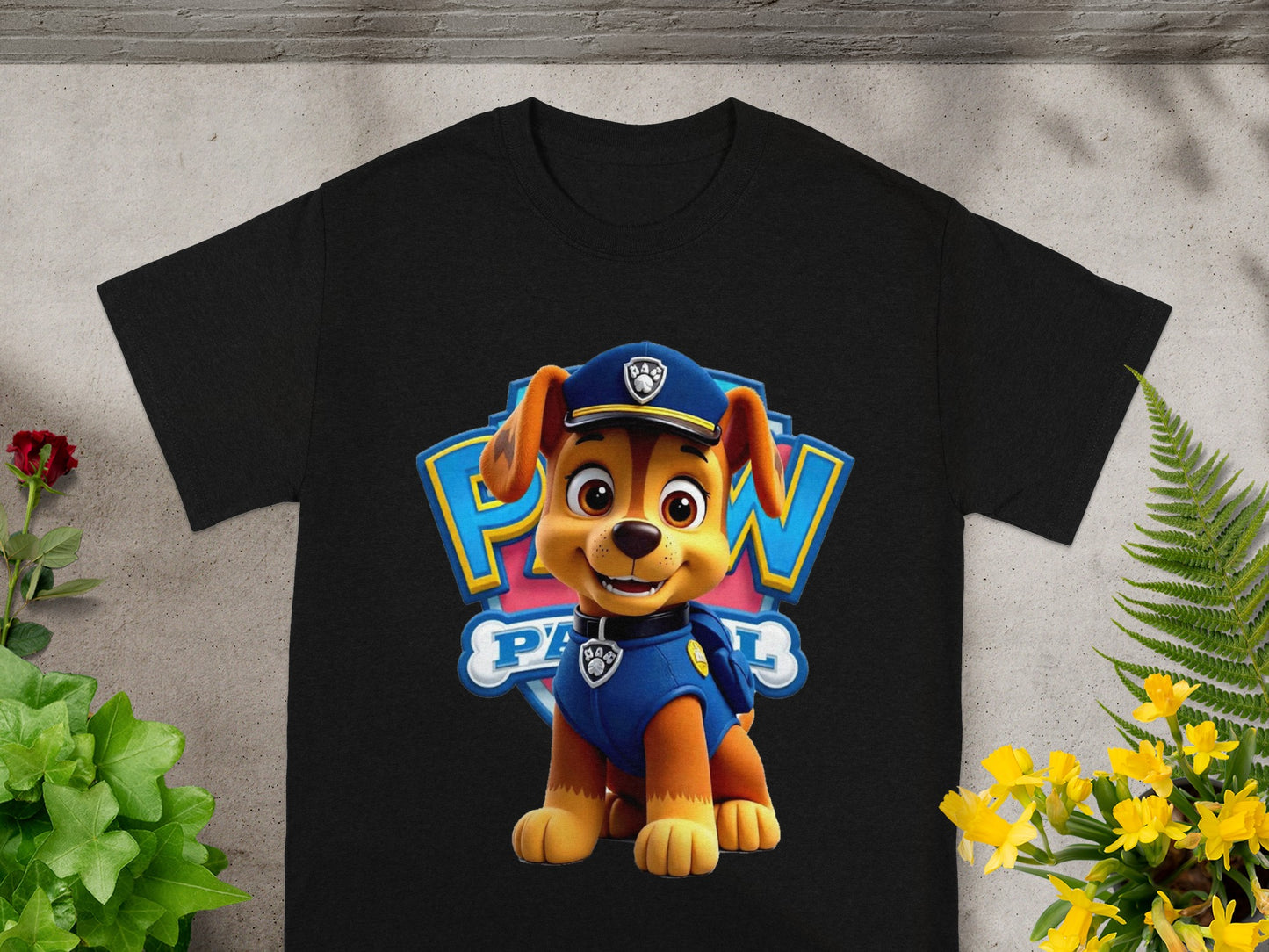 Black t-shirt with Chase from Paw Patrol character graphic.