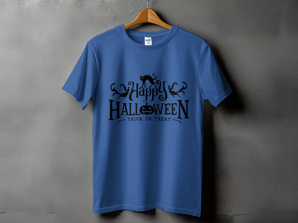 Blue t-shirt with black Halloween graphic and text "Happy Halloween Trick or Treat".